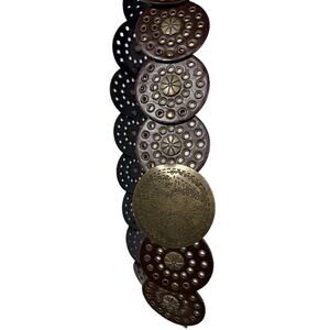 VTG Dark Brown Leather Discs Brass Concho Medallion Wide Statement Belt XL